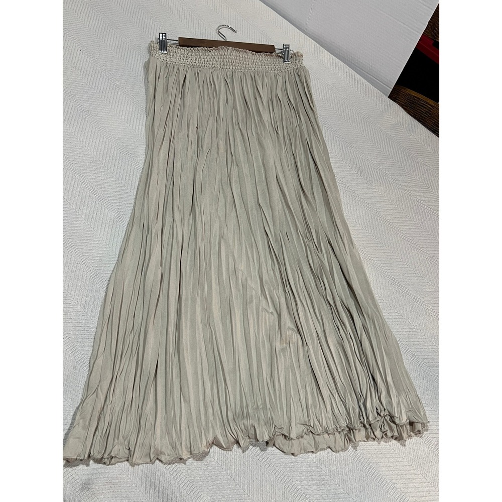 New Directions Beige Tan Crinkle Pleated Maxi Skirt Smocked Womens Medium Boho